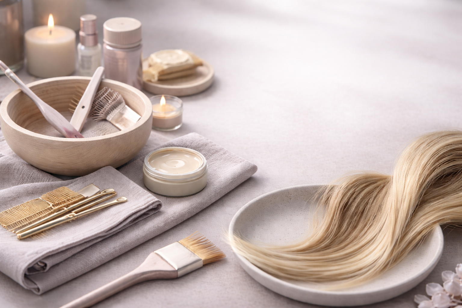 Beauty salon or hair extension setup with a blond hair piece, various hair tools, creams, and candles on a light-colored surface.