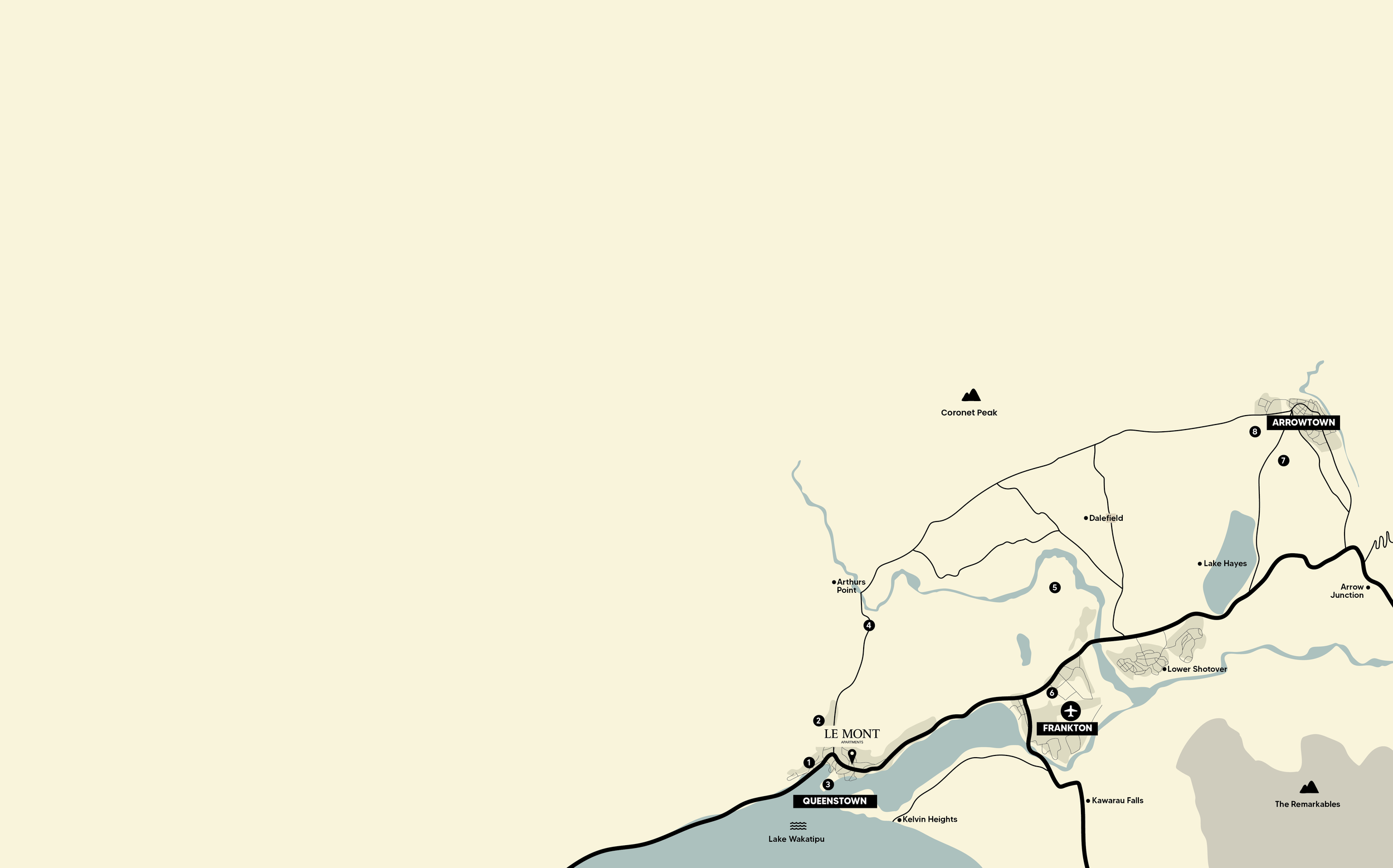 Map of a region featuring towns Le Mont, Queenstown, and Frankton, with lakes, mountains, and roads connecting these areas.