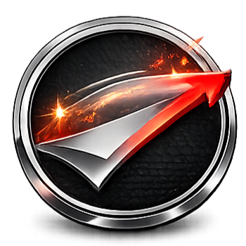 A circular emblem with a checkmark and a red arrow pointing upward, surrounded by a metallic border.