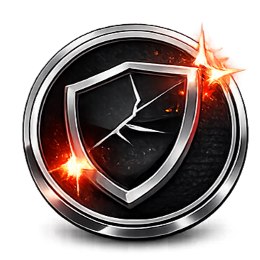 A shield emblem with a clock, surrounded by flames and sparks, with a metallic finish.
