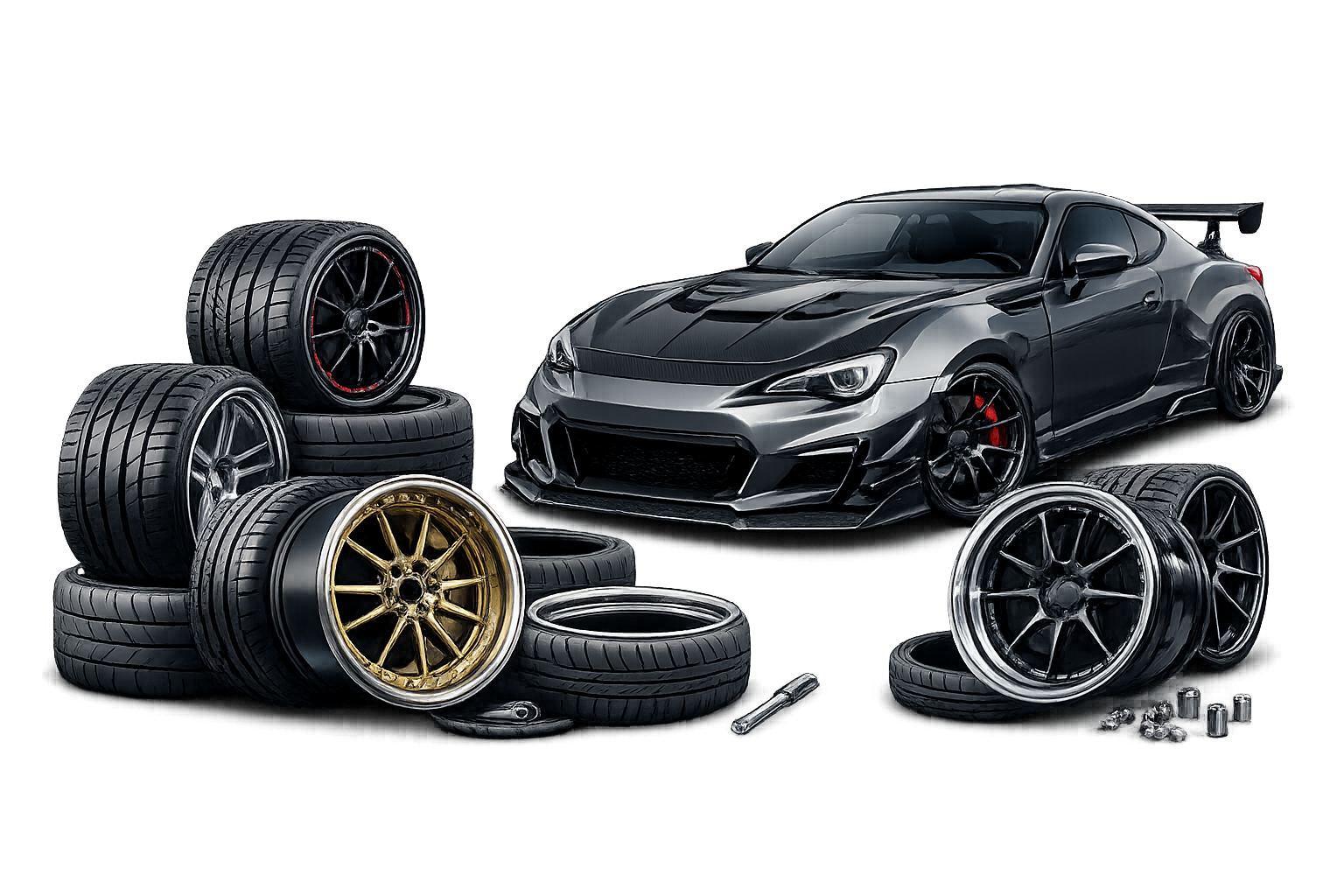 A black sports car with a spoiler and custom wheels surrounded by several stacks of tires and wheel rims on a dark background with colorful light streaks.