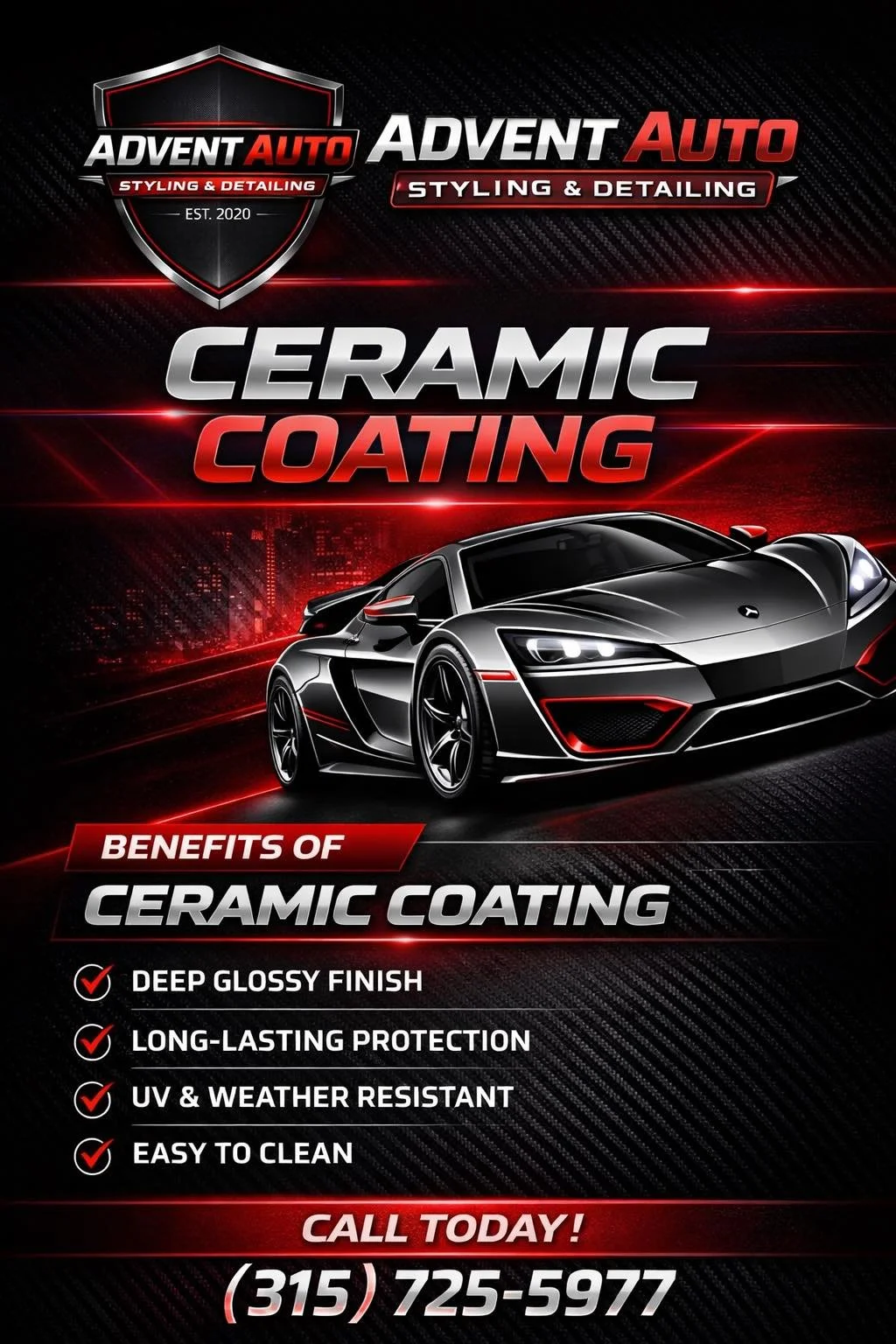 Promotional poster for Advent Auto showcasing ceramic coating benefits for cars. Features a sleek black sports car, company logo, and contact number.