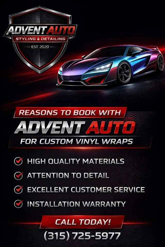 Promotional poster for Advent Auto, a car styling and detailing business established in 2020, featuring a blue sports car and text listing reasons to book including high quality materials, attention to detail, excellent customer service, and installation warranty, with a call to action to call a provided phone number.