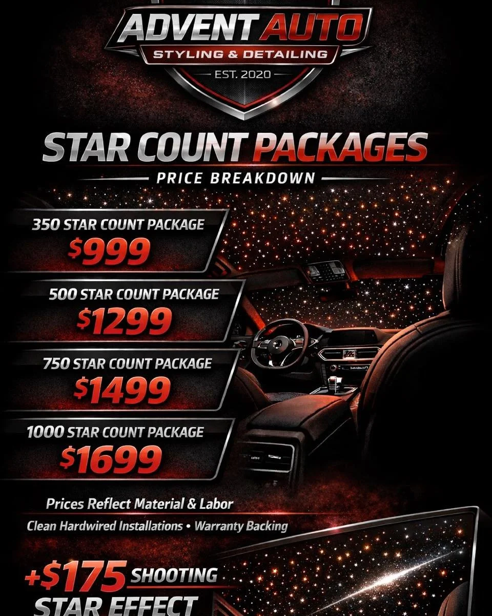 Advertisement for Advent Auto's star count packages, showing four packages priced from $999 to $1699 for vehicle star effects, and a special shooting star effect add-on for $175, with a starry galaxy background.