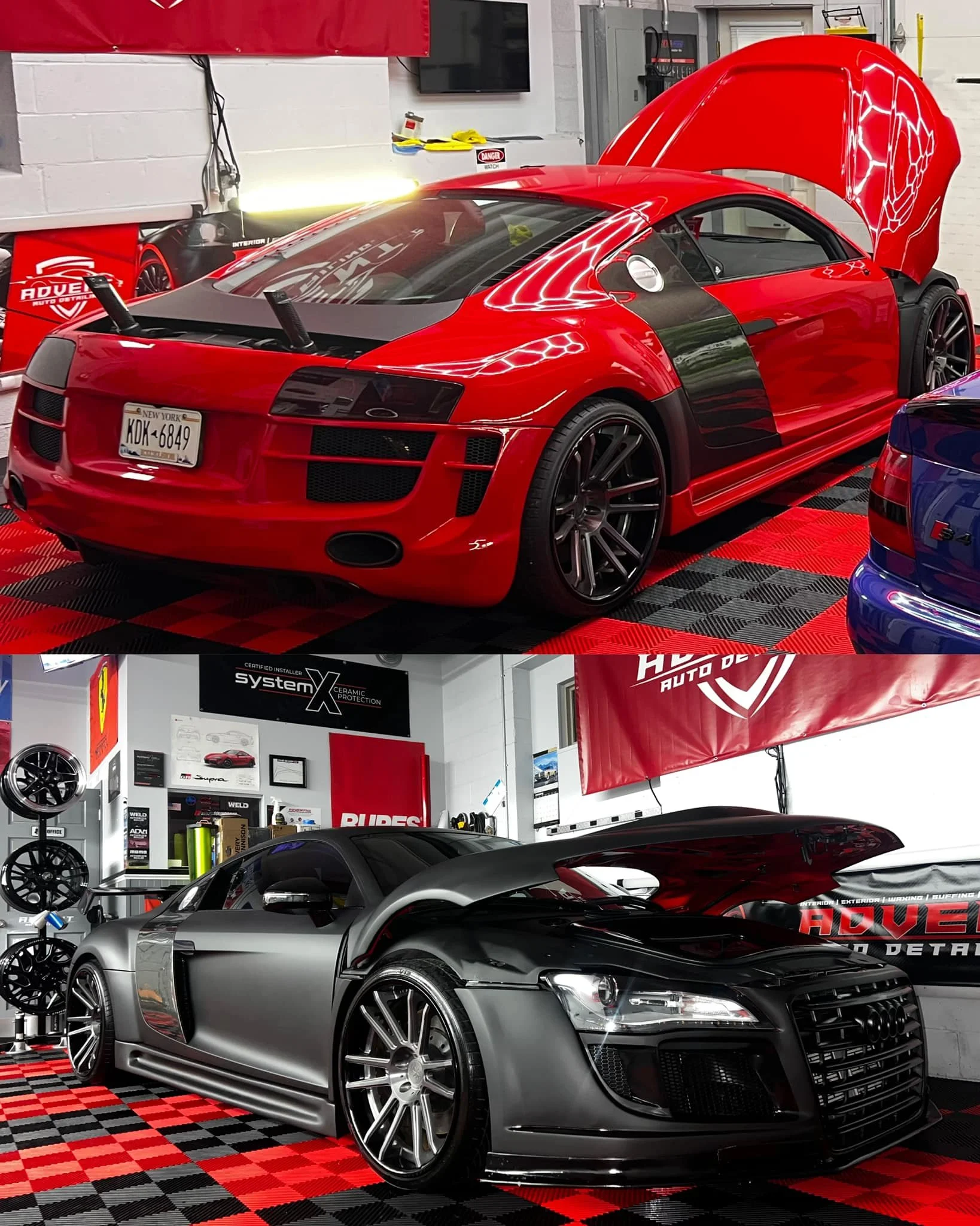 Two high-performance sports cars, a red Audi R8 and a gray Audi R8, inside a garage with red and black checkered flooring and auto detailing equipment.