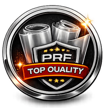 A circular badge with two metallic bolts, a shield with the word 'PRE' and a red banner saying 'TOP QUALITY', surrounded by shiny gold sparks.