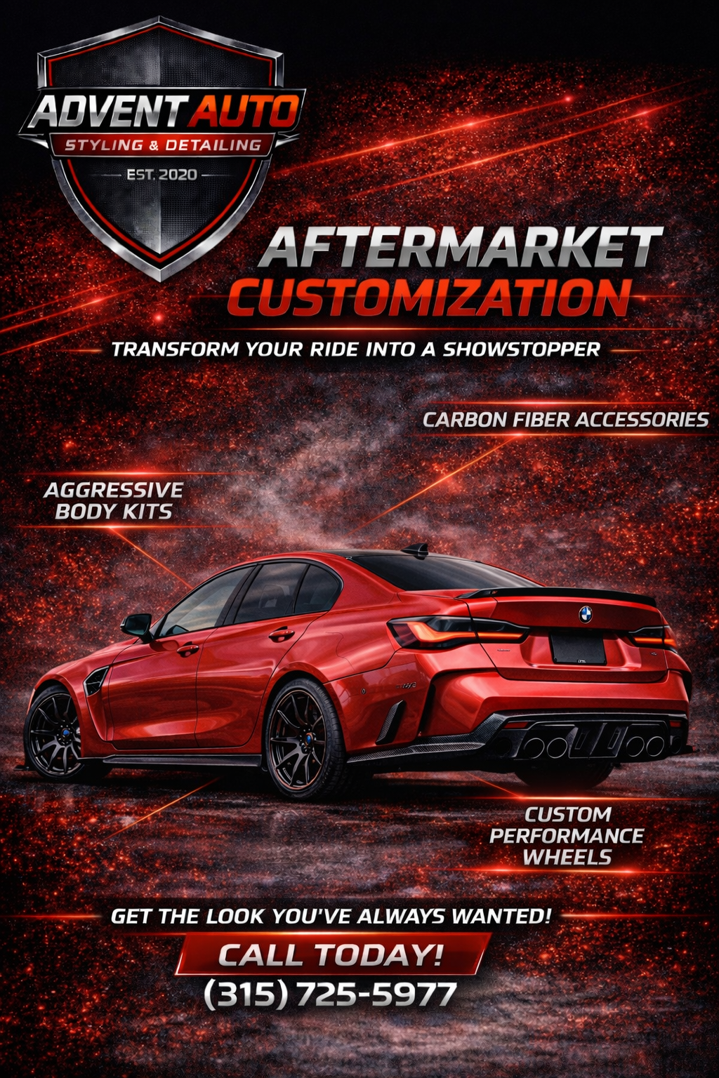 Red sports car with black wheels, advertising aftermarket customization services including carbon fiber accessories, aggressive body kits, and custom performance wheels, with contact number (315) 725-5977.