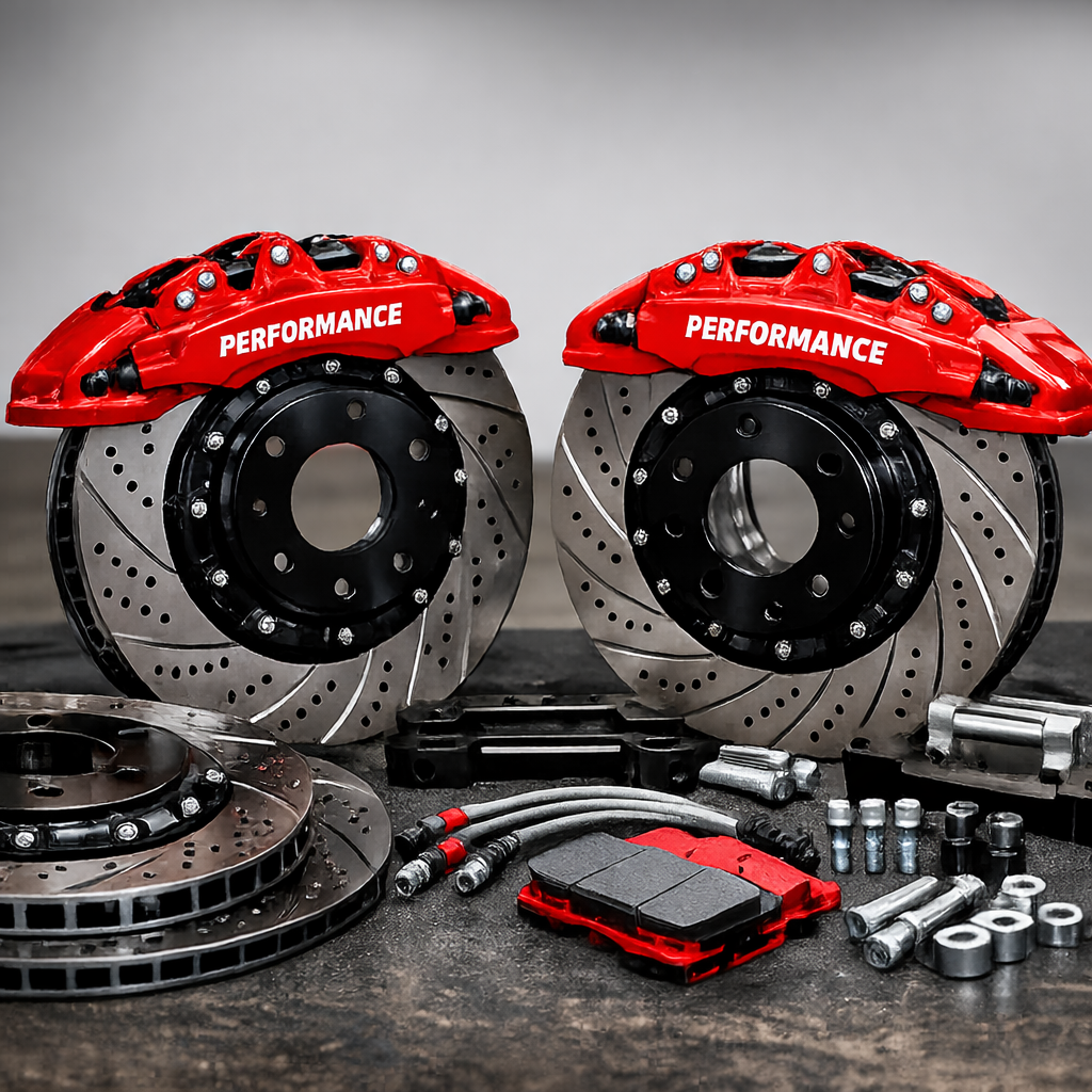 Car brake calipers, rotors, brake pads, and hardware parts arranged on a surface, with red calipers labeled "PERFORMANCE".