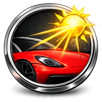 Icon of a red sports car with a sun and rays shining behind it.