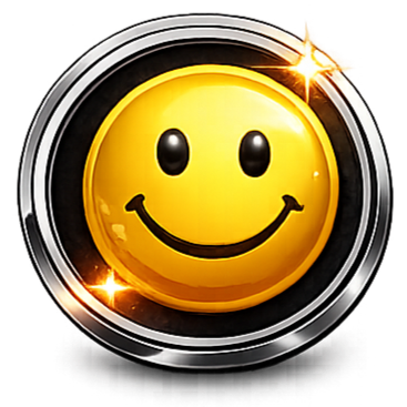 A close-up of a yellow smiley face emoticon with a broad smile, black eyes, and a shiny, metallic ring surrounding it with reflective highlights.