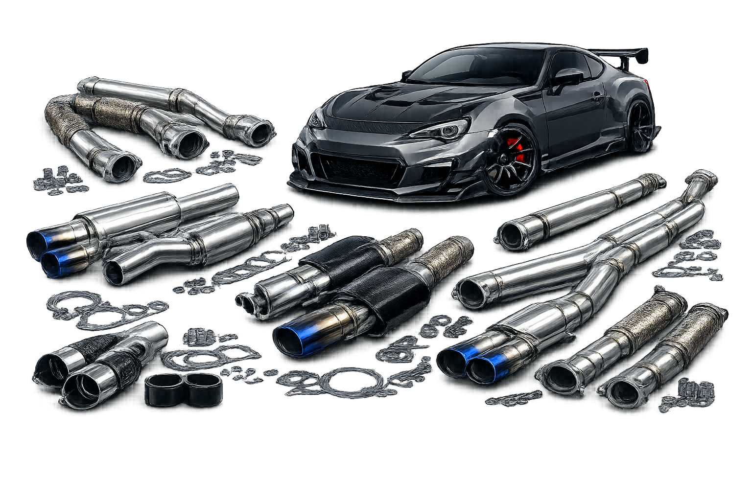 A black sports car with a spoiler surrounded by various exhaust pipes and metal parts.