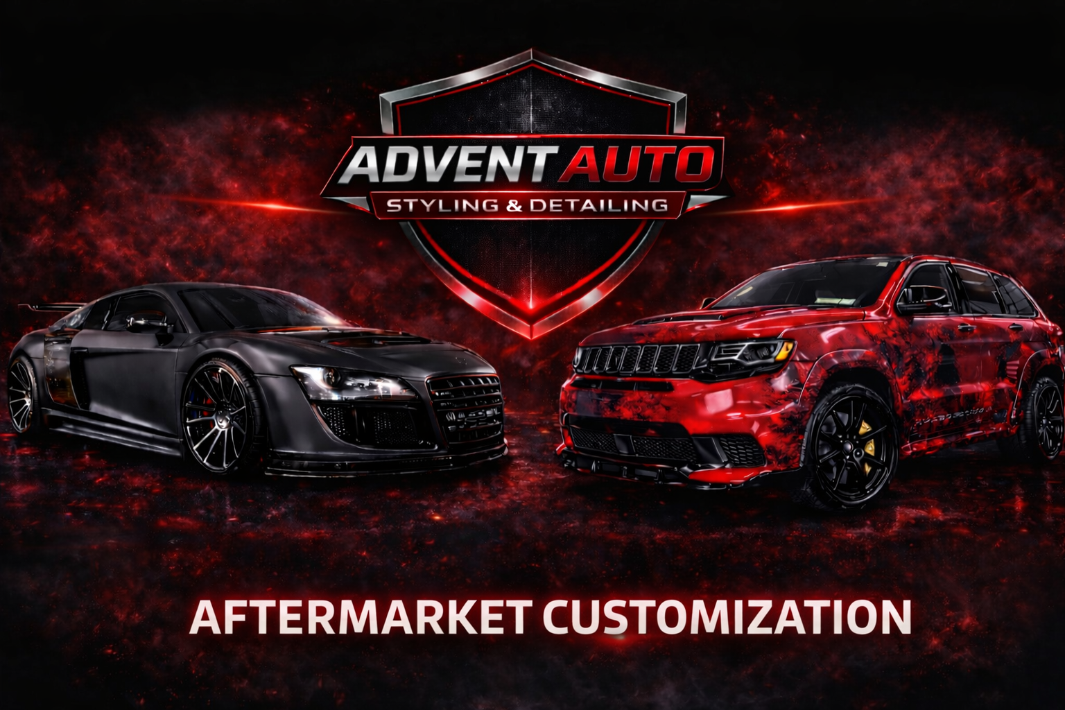 A black sports car and a red SUV with custom designs are displayed with a logo for 'Advent Auto Styling & Detailing' above them and 'Aftermarket Customization' below.