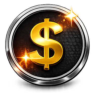 A glowing gold dollar sign inside a circular metallic frame with a black textured background and bright light reflections.
