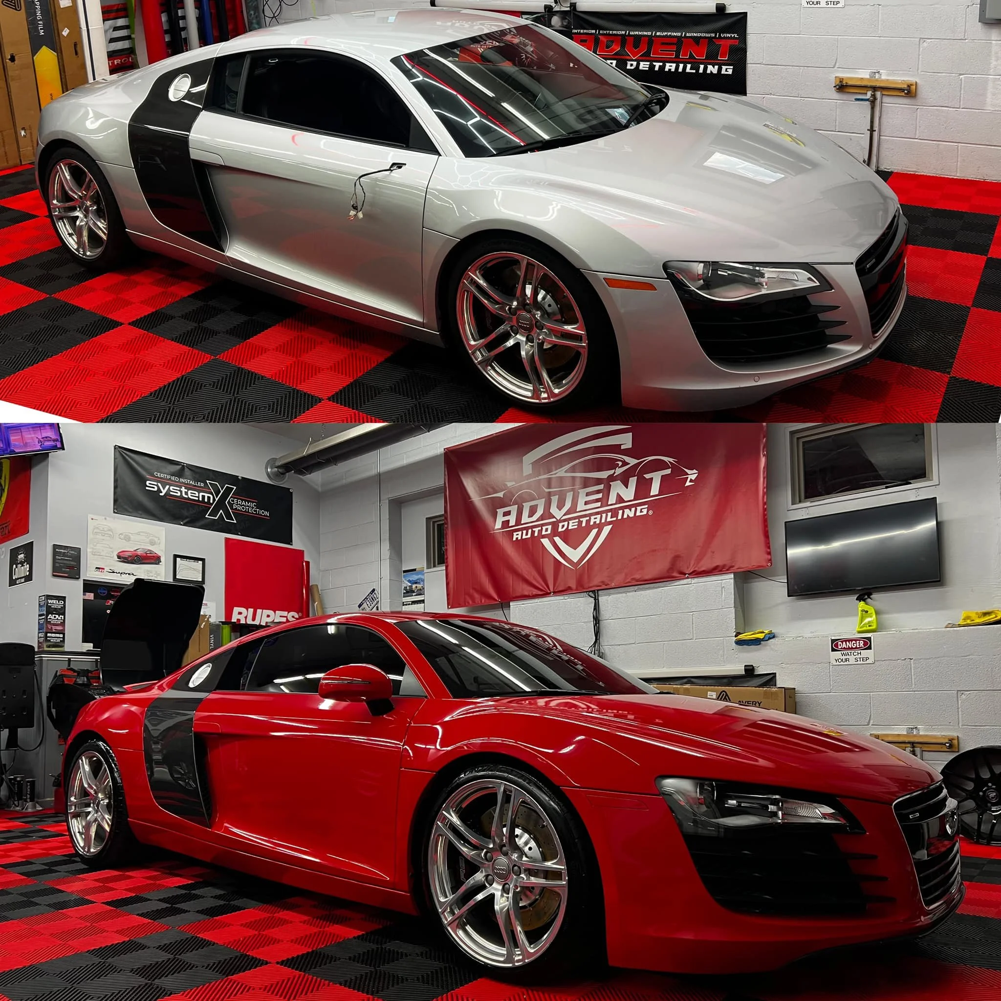 Two Audi R8 sports cars, one silver and one red, parked indoors on a red and black checkered floor at an auto detailing shop.