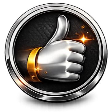 A silver-colored thumbs-up hand gesture with a glowing gold ring around the wrist, inside a circular black and silver emblem.