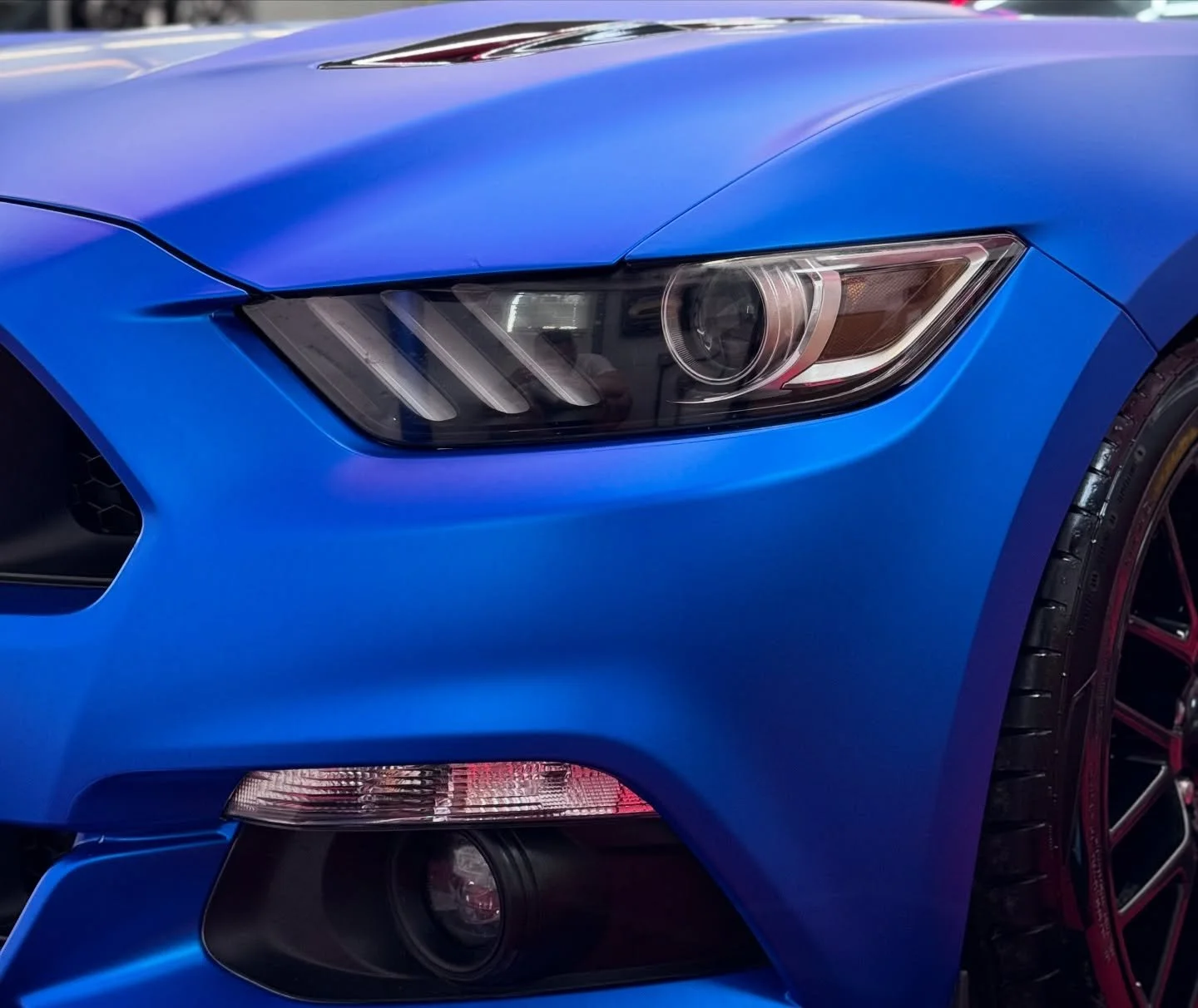 Close-up of the front left side of a blue sports car showing the headlight, fog light, and part of the wheel with red accents.