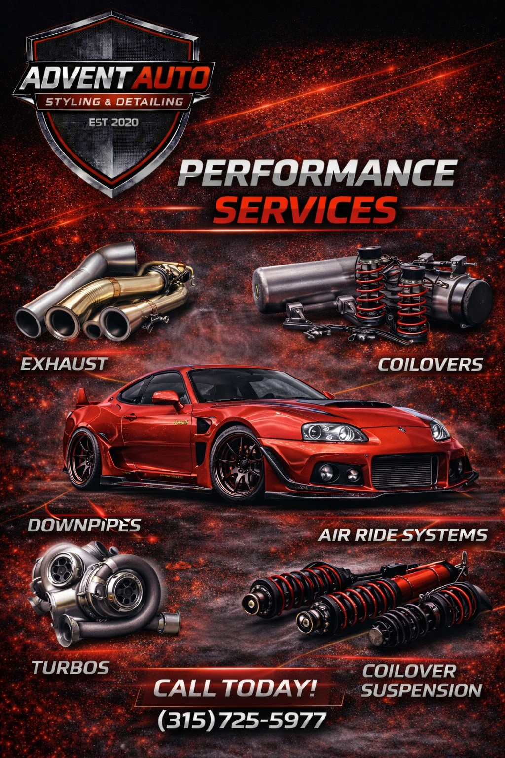 Advertisement for Advent Auto showcasing performance car services including exhaust, coilovers, downpipes, air ride systems, turbos, and coilover suspension, with a red sports car and contact information.