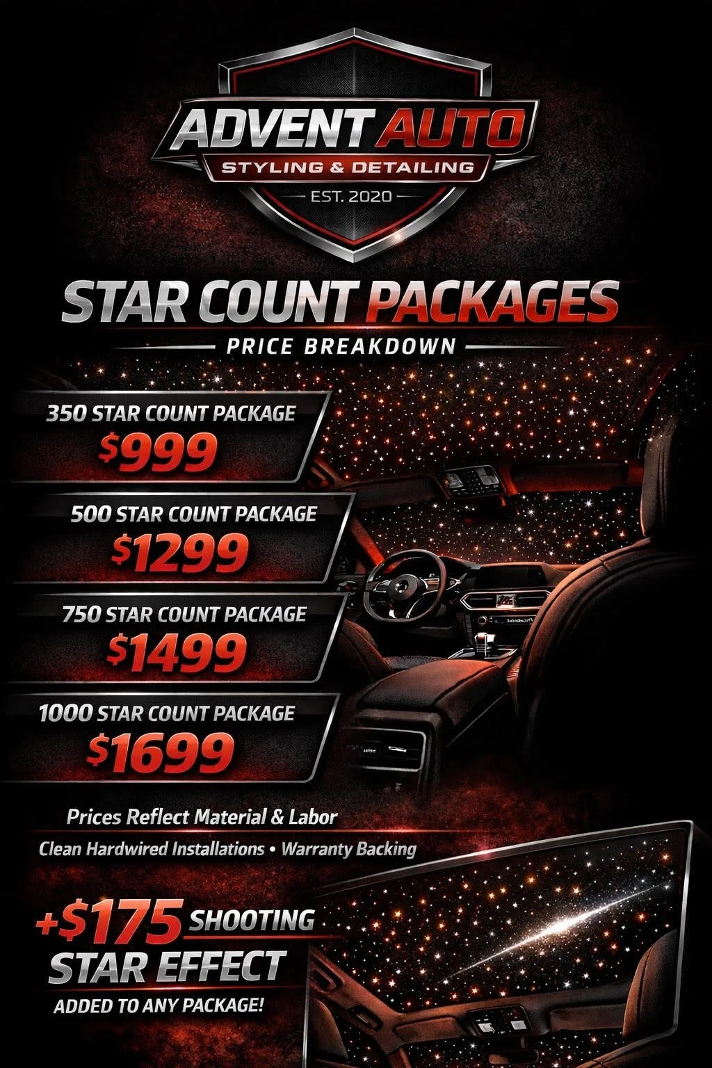 A promotional poster for Advent Auto styling and detailing featuring star count packages. The poster displays packages ranging from 350 to 1000 stars, with prices from $999 to $1699. It showcases a starry interior of a car with a black and red color theme and mentions additional services like star effect for $175.