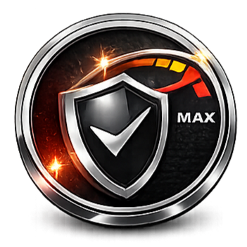 A security shield icon with a checkmark, a gauge with a full meter, and the words 'MAX' on a black background.