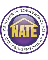 NATE logo with a purple and yellow color scheme, featuring a house outline and the text 'North American Technician Excellence'.