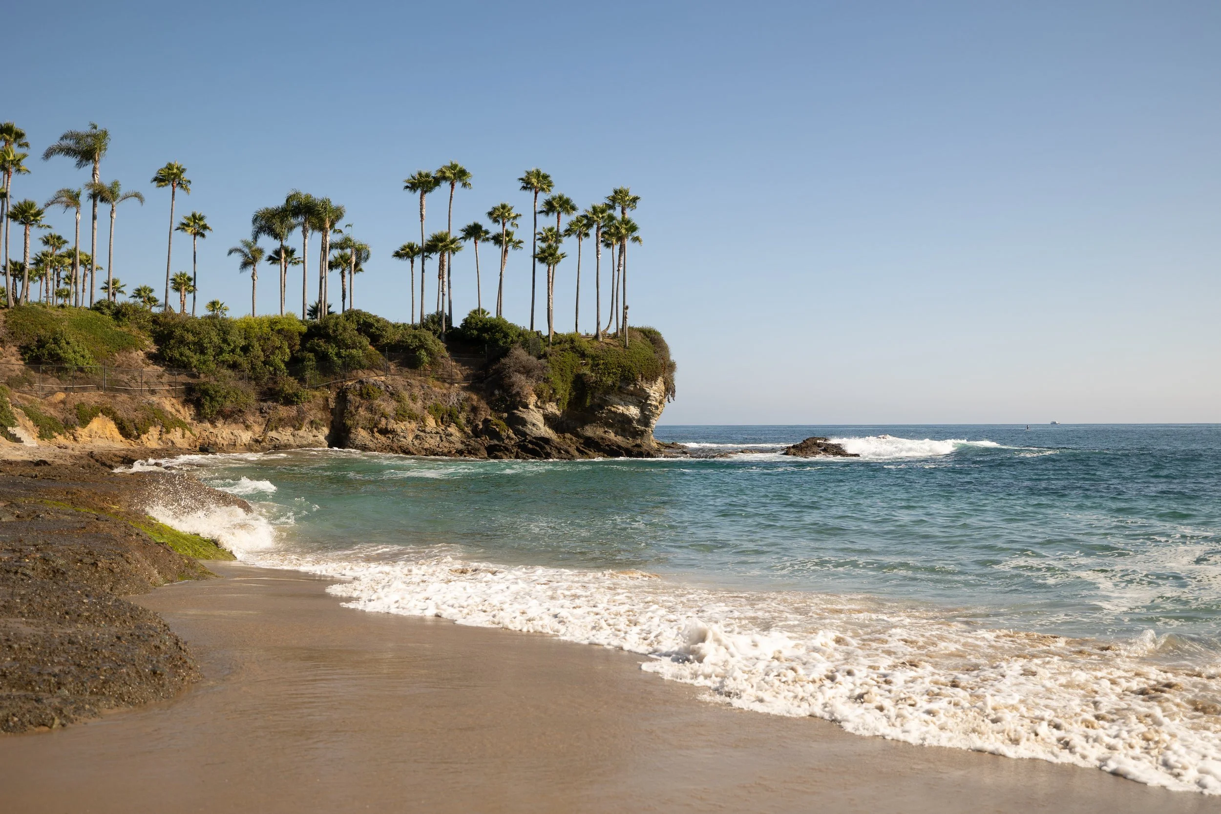 Sunny beach with sandy shore, rocky cliffs, and tall palm trees overlooking the ocean with waves gently crashing on the shore.