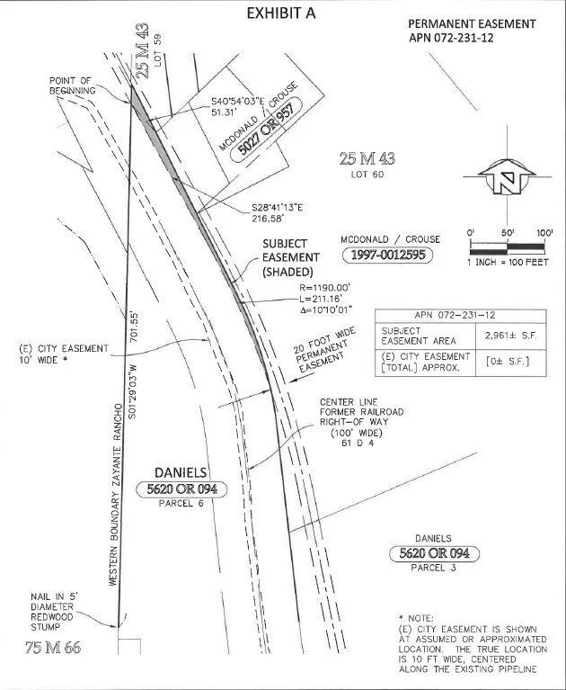 Survey map showing a easement along a rail line, highlighting parcel details, boundary lines, and easement dimensions; includes notes on measurements and infrastructure,  highlighting Jenny & Jenny's eminent domain experience.