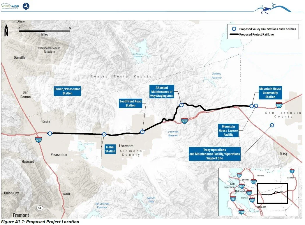 Map showing proposed Valley Link stations and facilities in Contra Costa County, California. It includes stations at Dublin/Pleasanton, Southfront Road, Altamont, Isabel, Mountain House Community, and Tracy. The map also marks a proposed rail line in black connecting these locations with nearby roads and reservoirs.