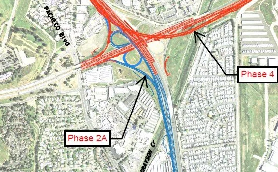 Map showing phases of highway construction with labels for Phase 2A and Phase 4, including detailed road layout and surrounding areas, highlighting Jenny & Jenny's commitment to Northern California Eminent Domain cases.