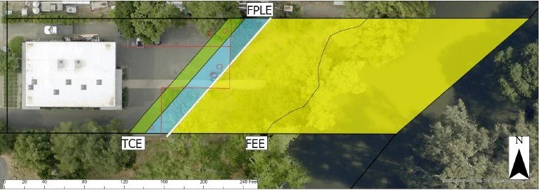 Aerial map showing property boundaries with colored zones, including a white building, trees, and streets, north arrow, and labels for FPLE, TCE, and FEE, highlighting Jenny & Jenny, LLP's commitment to defending property rights in California