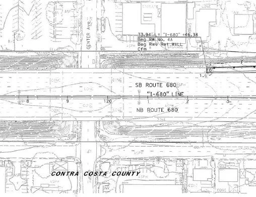 Technical blueprint of a road design showing SB and NB Route 680, measurements, surrounding buildings, and CONTRA COSTA COUNTY labels,  highlighting Jenny & Jenny's commitment to Northern California Eminent Domain cases.