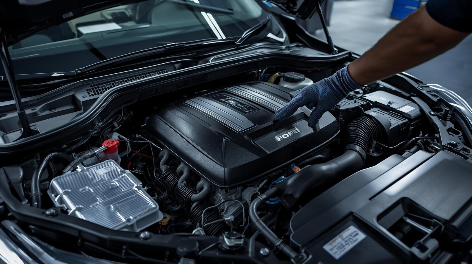 Ford ecoblue engine inspection inside workshop Ecoblue diesel engine diagnostic servicing Ford ranger ecoblue engine repair work Ecoblue engine maintenance and inspection