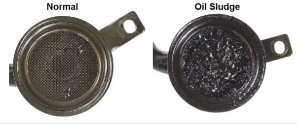 Normal vs oil sludge blocked engine oil pickup screen comparison
