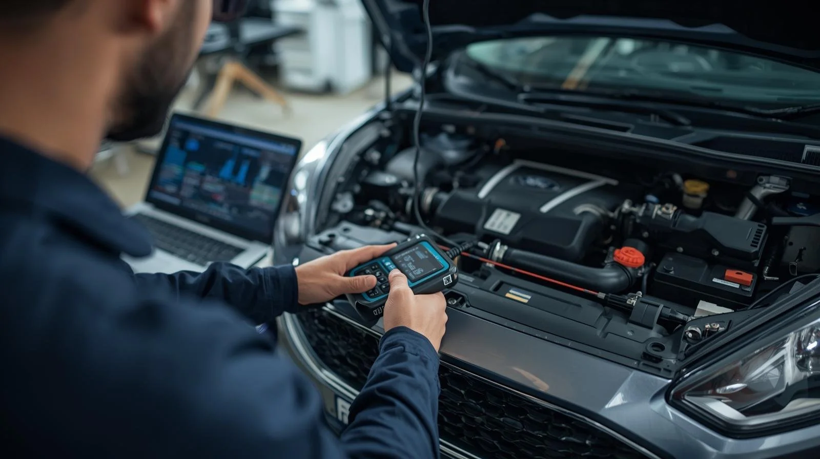 Dealer-level ford diagnostics being performed on vehicle Ford diagnostic scanner connected to vehicle system Advanced ford fault finding inside automotive workshop Ford electronic diagnostics testing in progress