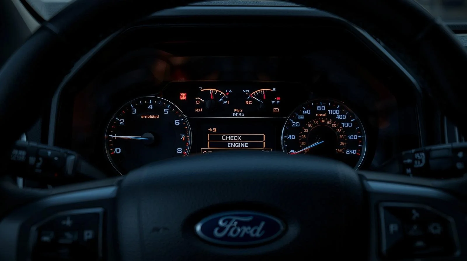 Ford dashboard showing engine warning light Check engine light diagnostic inspection ford vehicle Ford engine fault warning indicator Vehicle warning light diagnostics service