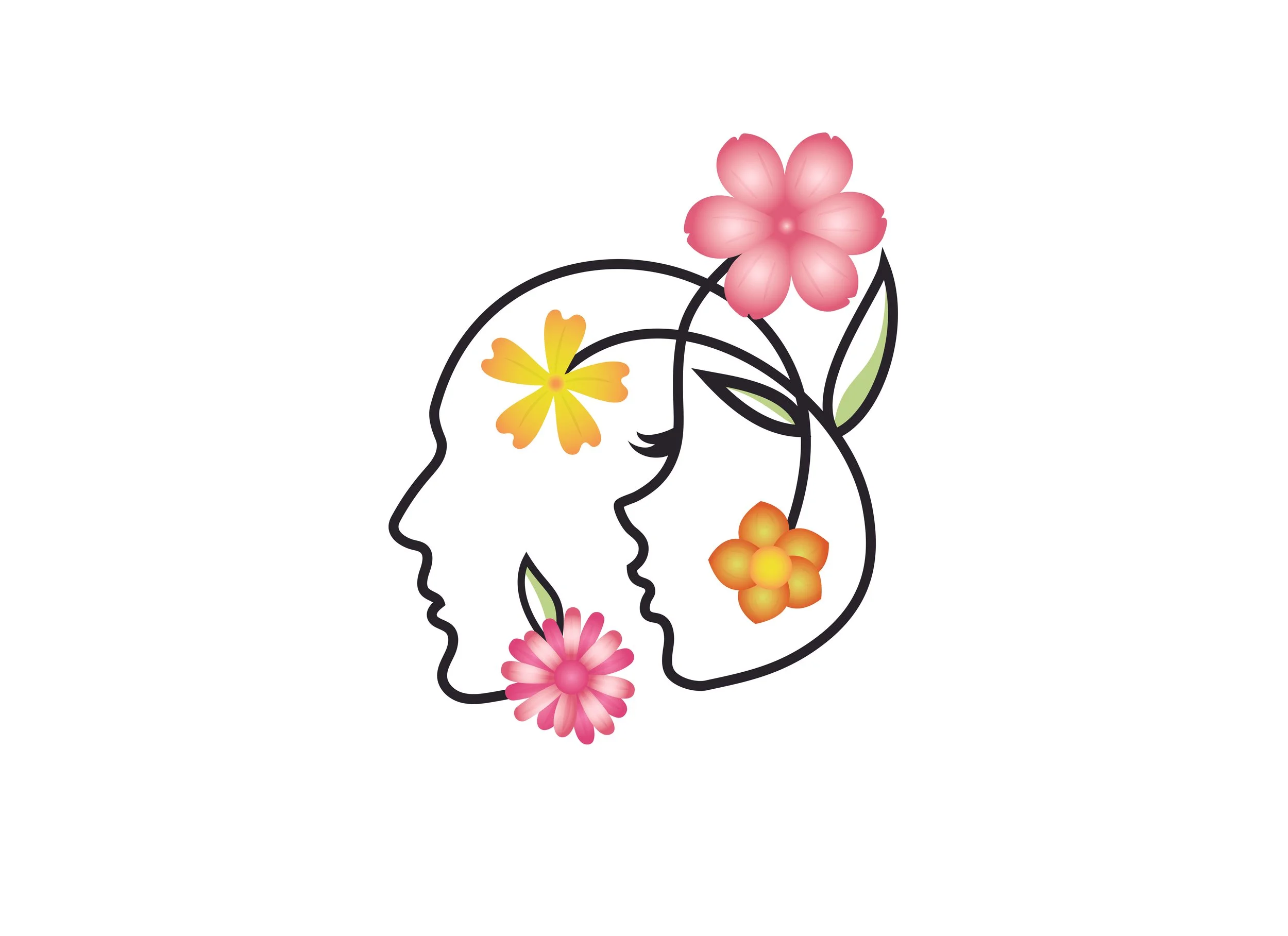 Line drawing of a human profile with colorful flowers growing from the head and neck.