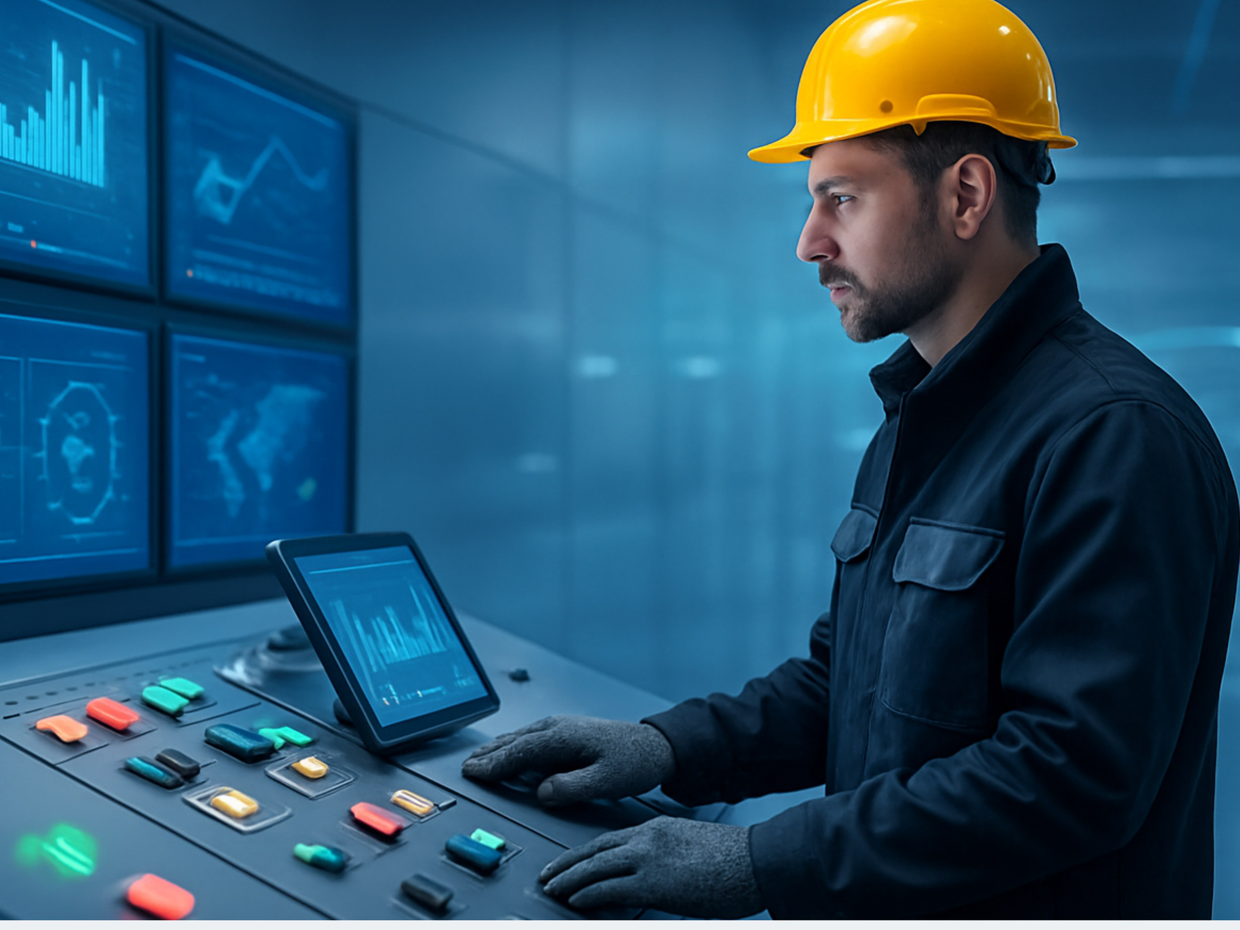 Ingeniero con casco amarillo monitorea datos en panel de control en centro de datos