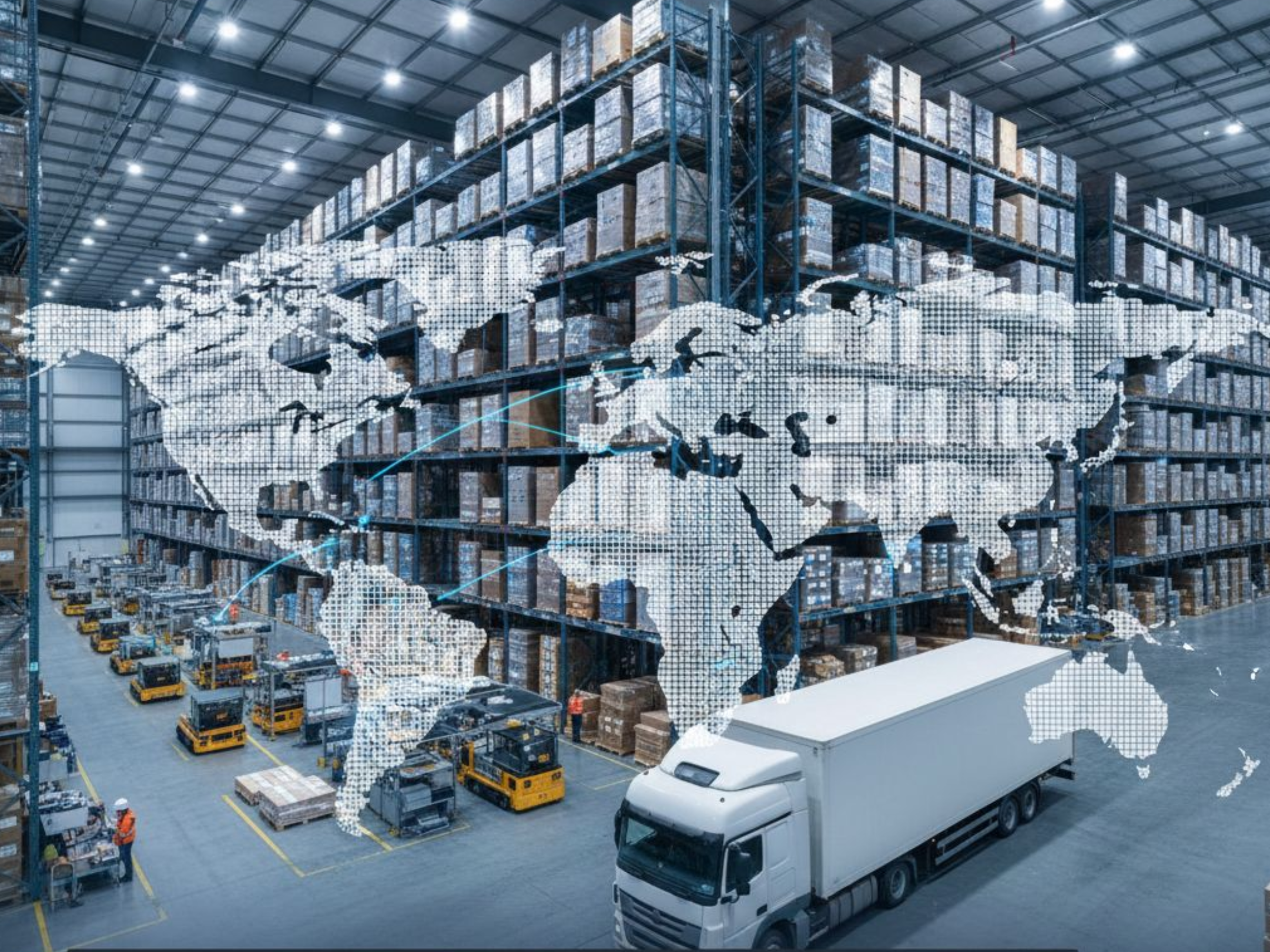 Almacén con estantes llenos de cajas de envío, varios montacargas en el piso, un camión blanco y un mapa mundial digital sobre la imagen, simbolizando logística y distribución global.