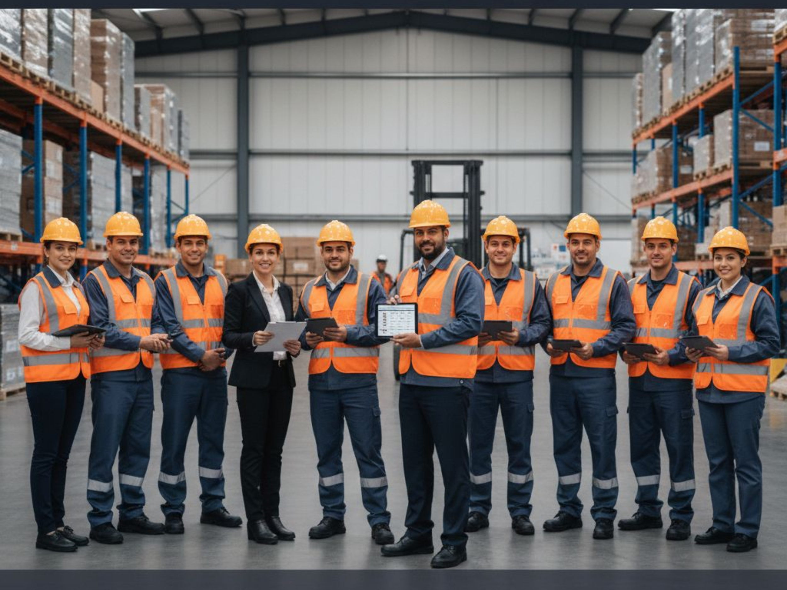 Grupo de trabajadores en un almacén, usando casco y chaleco reflectante, sosteniendo tablets y papeles, con estanterías llenas de cajas.