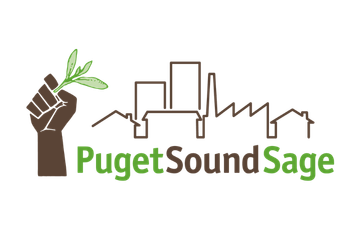 Logo for Puget Sound Sage featuring a brown fist holding a green plant, with a city skyline and industrial buildings in the background, and the text "Puget Sound Sage" in green and brown.