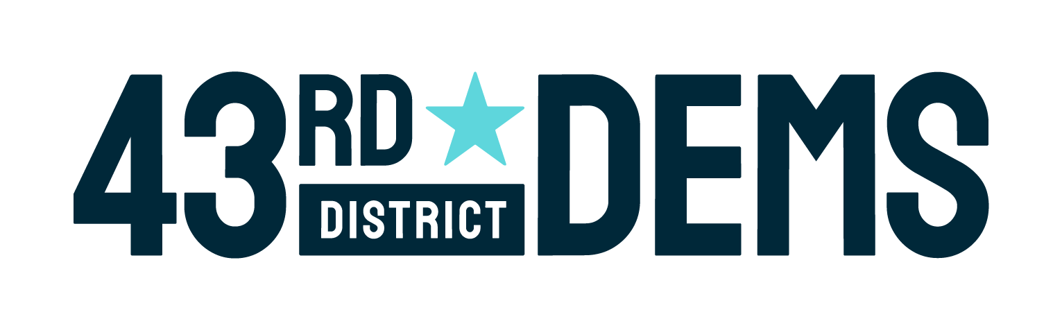 Logo for 43rd District with large black numbers and letters, a blue star, and a black rectangle with white text that says 'District'.