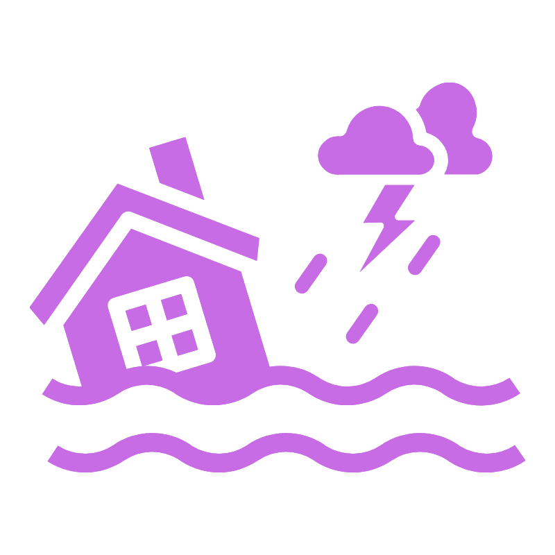Purple house tilted with floodwaters, dark storm clouds, lightning, and rain in the background.