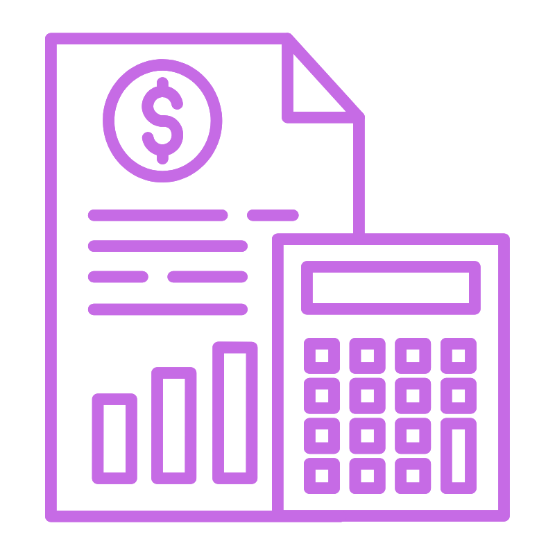 Purple outline of a financial document with a dollar sign, bar chart, and calculator.