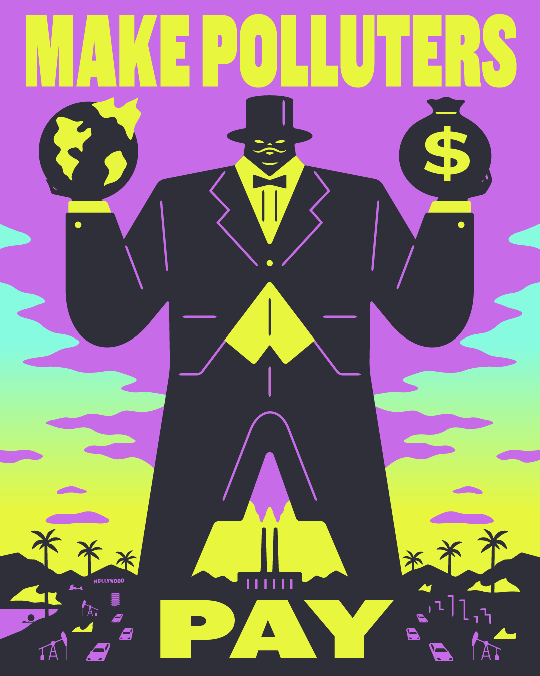 A stylized graphic showing a person in a suit holding a globe with pollution in one hand and a money bag in the other, with the text 'Make Polluters Pay' at the top.