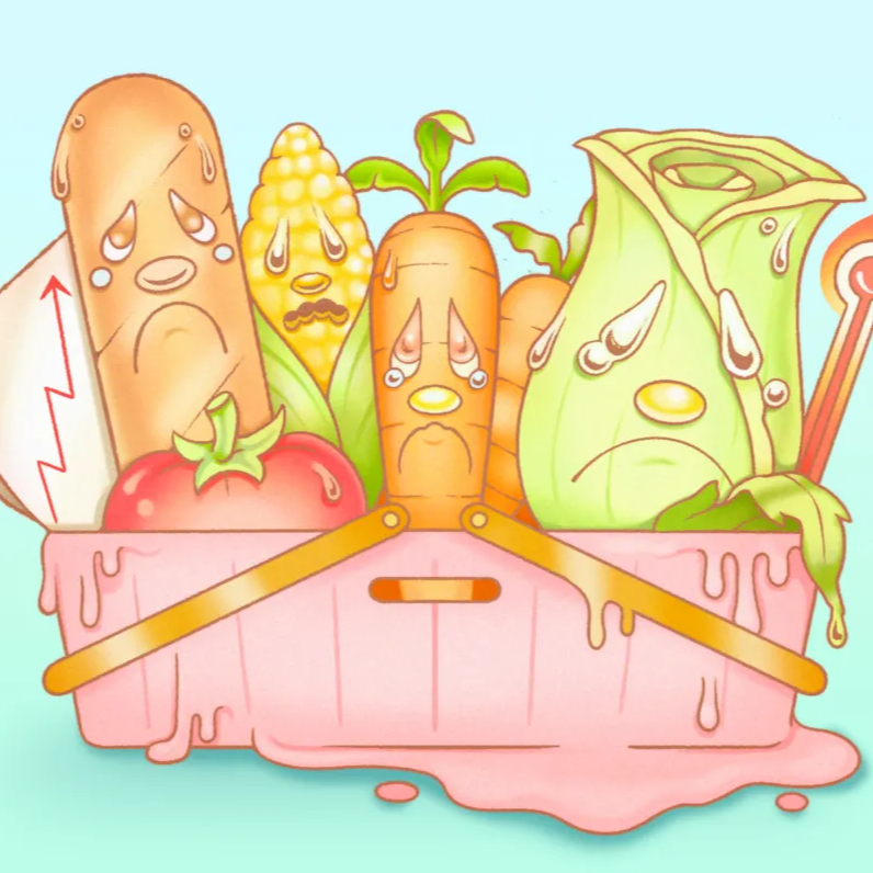 Cartoon vegetables with sad, crying faces in a pink shopping basket.