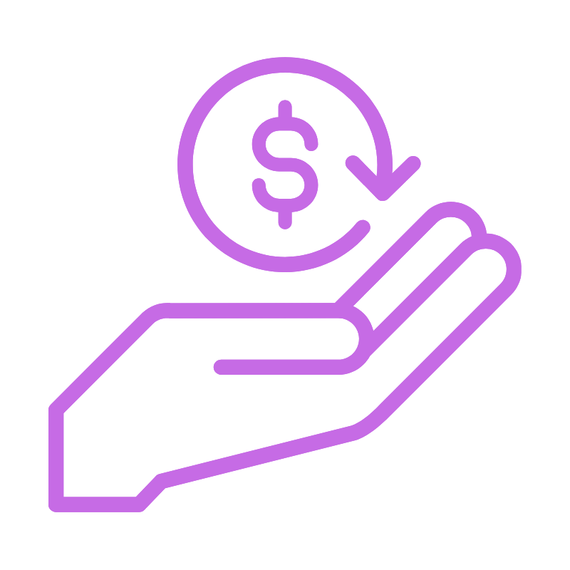 Outline of a hand holding a coin with a dollar sign and a downward arrow, representing money or financial transaction.