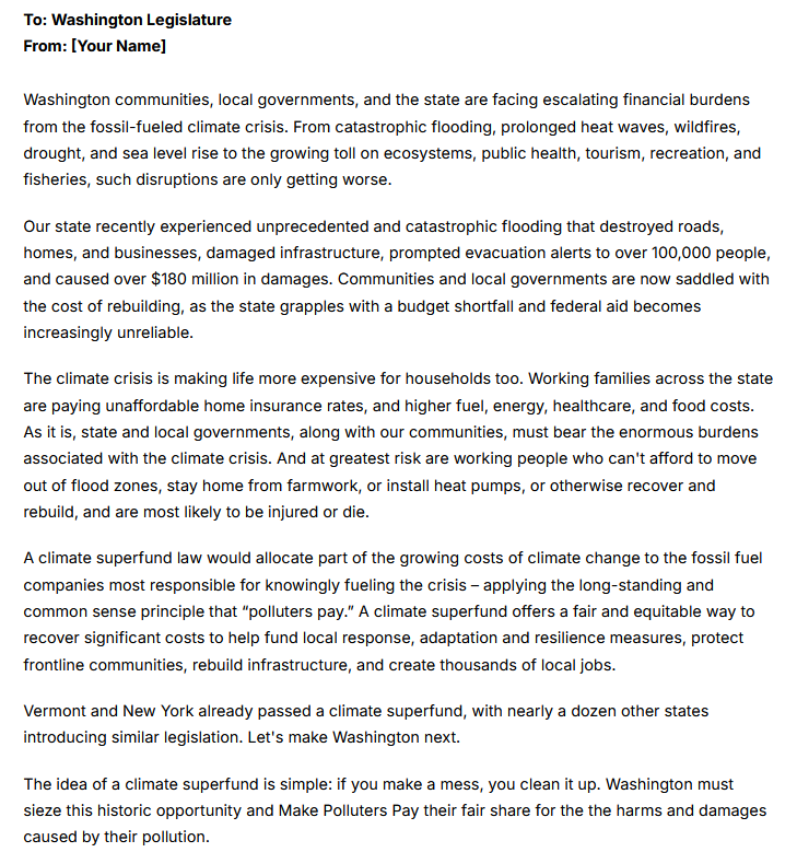 A letter addressed to the Washington Legislature, discussing climate change impacts, flooding damages, and proposing a climate superfund law to fund local recovery efforts.