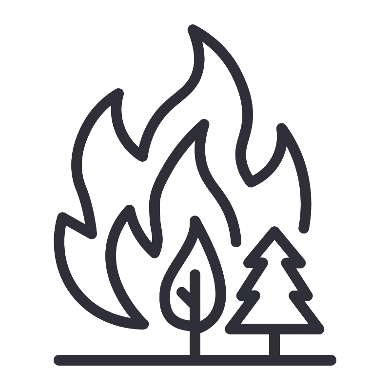 Outline of a campfire with flames and two pine trees behind it.