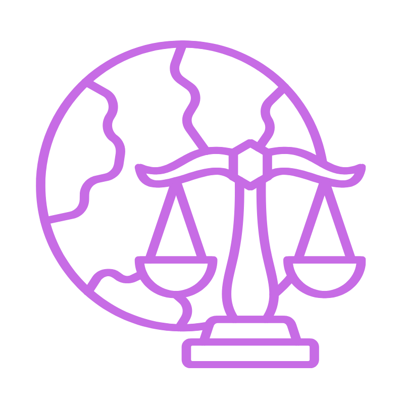 Neon purple outline of a globe with continents and a balanced scale in front of it.