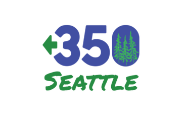 Logo for Plus 350 Seattle with green pine trees and blue text.
