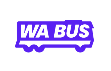 Logo of WA BUS in purple with a bus outline.